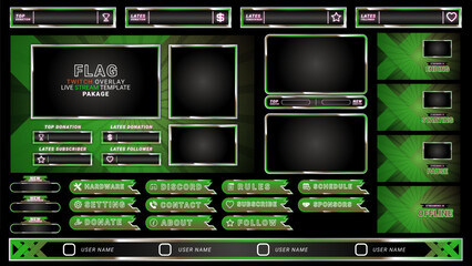 twitch Stream Facecam OBS Template Green X overlay design Pack . modern template illustration vector