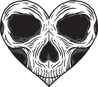 Skull Love Bones Head Hand drawn Hatching Outline Style Mystical Celestial Symbol Tattoo