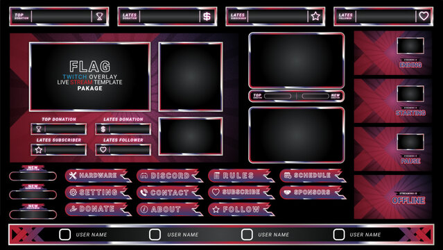 twitch Stream Facecam OBS Template Red X overlay design Pack . modern template illustration vector