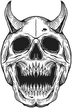 Skull Deamon Dark illustration Beast Skull Bones Head Hand drawn Hatching