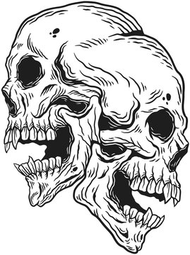 Double Face Dark illustration Beast Skull Bones Head Hand drawn Hatching