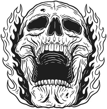 Skull Fire Dark illustration Beast Skull Bones Head Hand drawn Hatching
