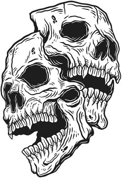 Double Skull Dark illustration Beast Skull Bones Head Hand drawn Hatching