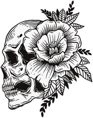 Skull Rose Dark illustration Beast Skull Bones Head Hand drawn Hatching