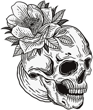 Skull Rose Dark illustration Beast Skull Bones Head Hand drawn Hatching