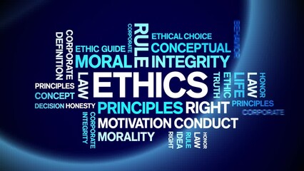 Ethics animated tag word cloud;text design animation kinetic typography seamless loop.