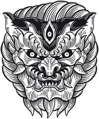 Lion Beast Head Hand drawn Hatching Outline Symbol Tattoo