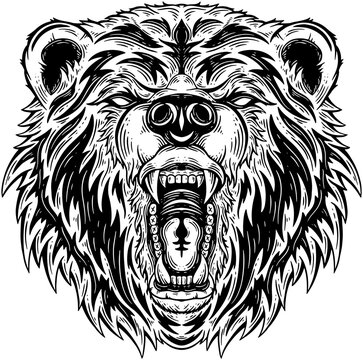 Bear Beast Head Hand drawn Hatching Outline Symbol Tattoo