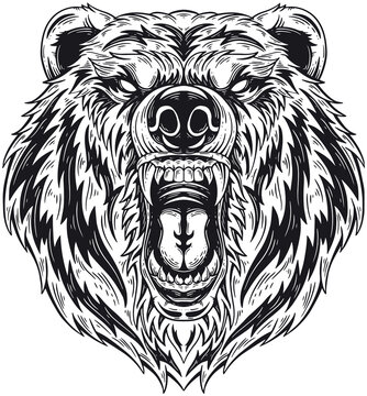 Bear Beast Head Hand drawn Hatching Outline Symbol Tattoo