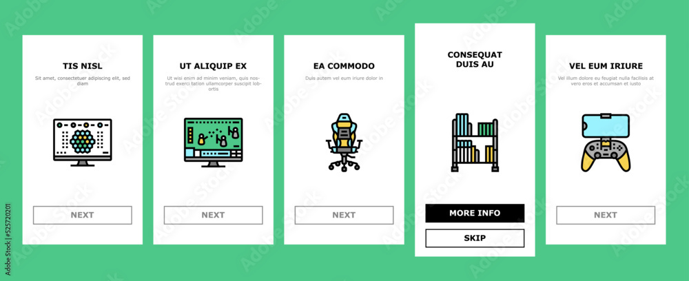 Poster video game electronic and device onboarding icons set vector