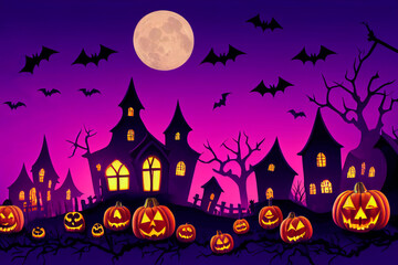 Halloween scary background. Spooky  haunted house at night. Cartoon illustration. Horror moon. Gothic panorama 