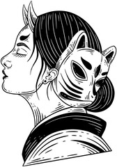 Dark Art Women Japanese Geisha Girl Skull Mask Vintage tattoo hand drawn engraving style
