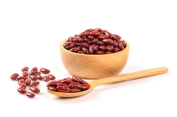 Kidney beans in wooden bowl and spoon isolated on white background.