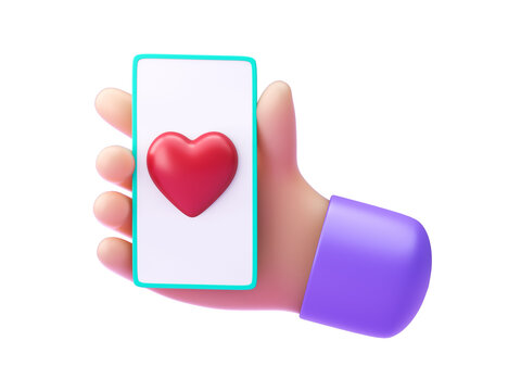 Hand holding a cellphone with 3D heart icon. 3D render