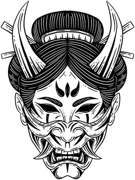 Dark Art Women Japanese Geisha Girl Skull Mask Vintage tattoo hand drawn engraving style