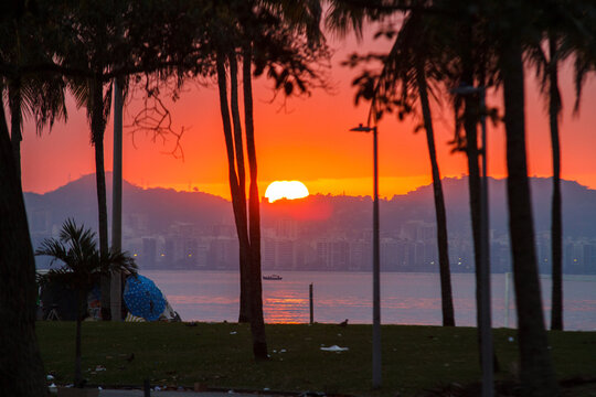 Sunrise at Flamengo Beach in Rio de Janeiro, Brazil.