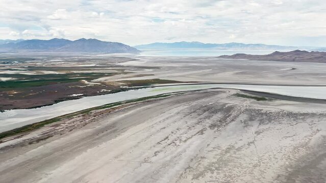 View from airplane over the Great Salt Lake durning record low drought flying over Farmington Bay in Utah.