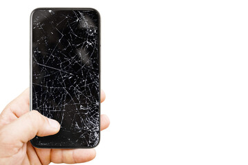 Black mobile phone with broken screen. Cracked smartphone in hand. PNG file with transparent...