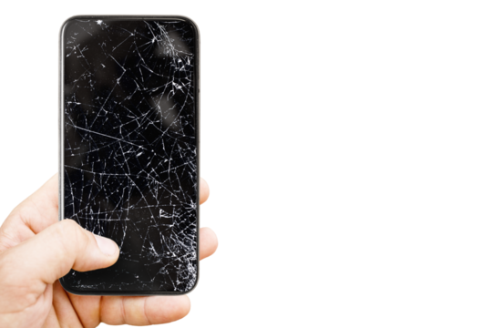 Black mobile phone with broken screen. Cracked smartphone in hand. PNG file with transparent background