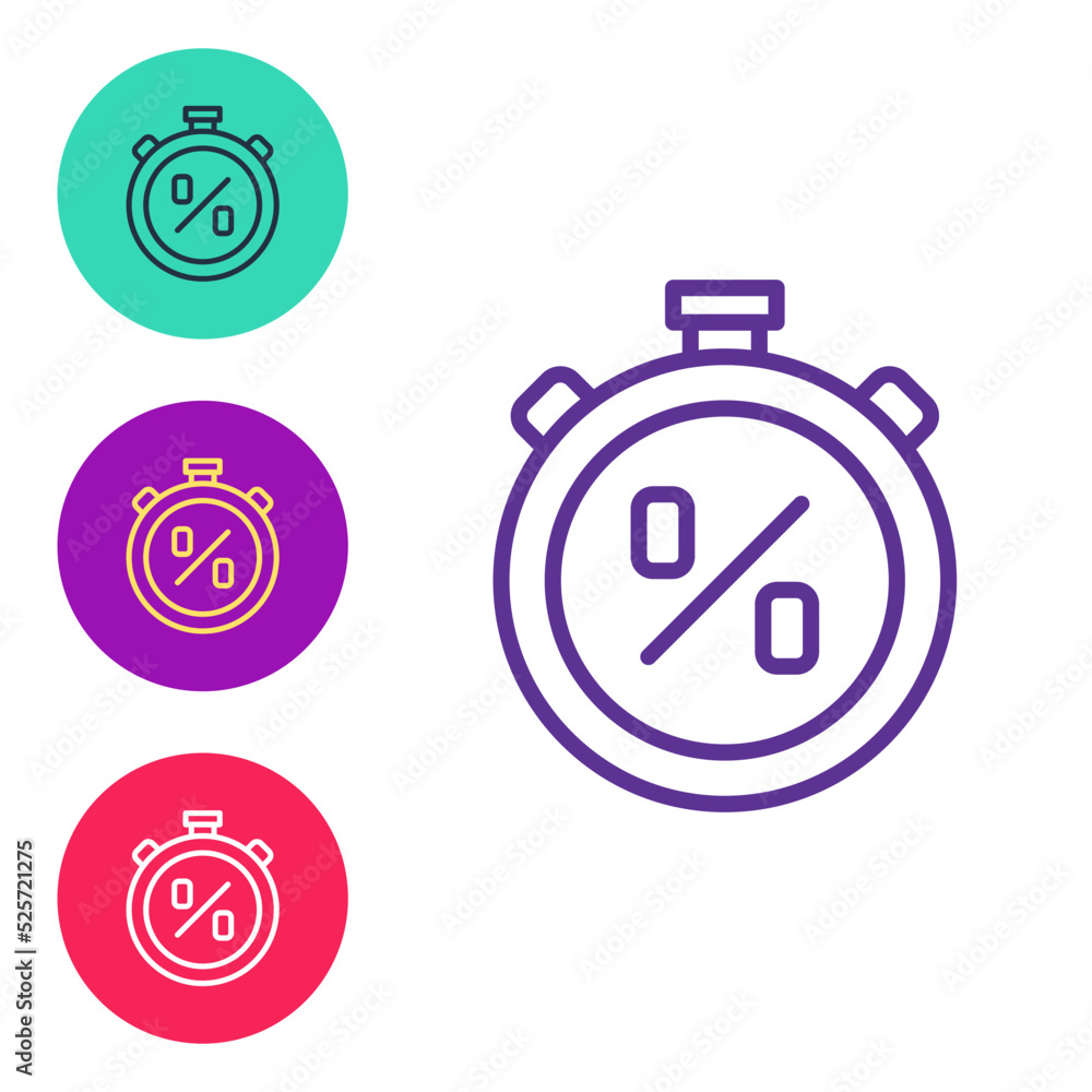 Poster set line stopwatch with percent discount icon isolated on white background. time timer sign. set ico