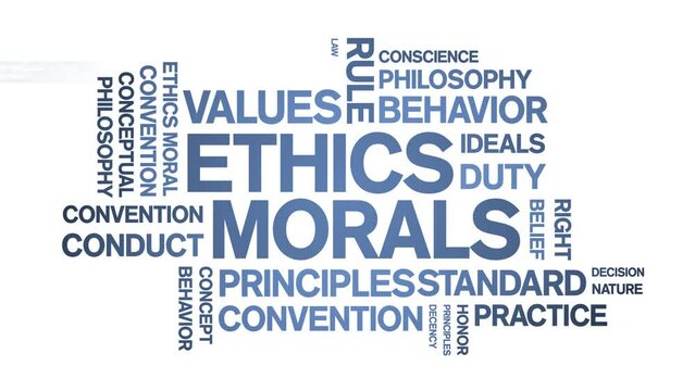 Ethics Morals animated tag word cloud;values text design animation kinetic typography seamless loop.