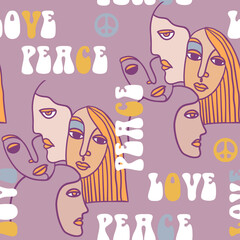  love and peace hippie style vector pattern with faces