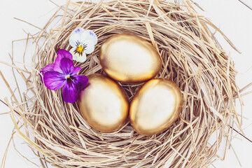Easter golden eggs in a hay nest with flowers, overhead view on white background
