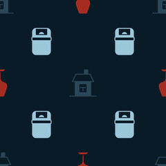 Set Wine glass, House and Trash can on seamless pattern. Vector