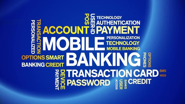 Mobile Banking animated tag word cloud;text design animation kinetic typography seamless loop.