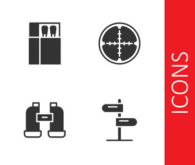 Set Road traffic sign, Open matchbox and matches, Binoculars and Sniper optical sight icon. Vector