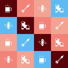 Set pop art Coffee cup, Medieval arrow, Swiss army knife and Hunter boots icon. Vector