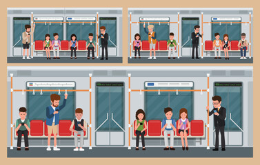 Set Train, Tram and Metro and Crowd of people go by public transport. Side View, City and Industrial Railway Vehicle Modes. Urban Express Train, Isolated Cartoon Vector Illustration.