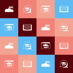 Set pop art Cloud or online library, Graduation cap speech bubble, Online education and Open book icon. Vector