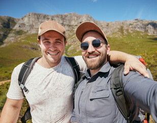 Selfie of happy hiking men or friends in mountains or nature on vacation holiday travel in summer...