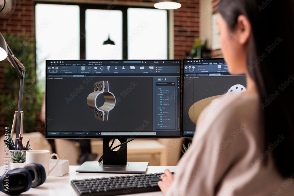 Poster cad engineer manufacturing machine product on pc, working with industrial machinery production on cr