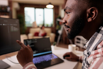 African american it engineer programming binary code interface, using css html script and...