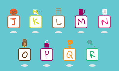 Capital letters J to R in a square with an example of an object above the square. Suitable for children's products