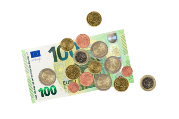 Hundred euro note and coins isolated on a white background. PNG file with transparent background