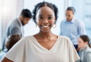 Business woman with smile at company office, leadership of teamwork and happy of planning for...