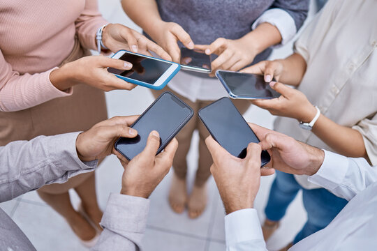 Global, networking and advertising 5g technology by group sharing phone contact, online communication. Digital team collaboration on internet marketing, planning and brainstorming community teamwork