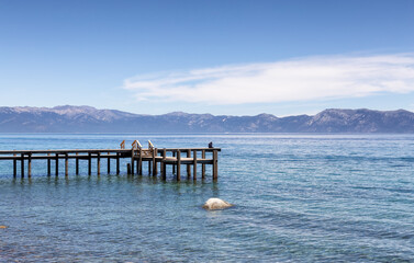 Dock on the Lake surrounded by Mountains. Summer Season. Sugar Pine Point Beach, Tahoma, California, United States. Sugar Pine Point State Park. Nature Background.
