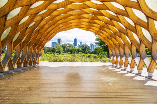 View of Chicago through a honeycomb pavilion