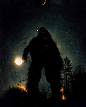 Bigfoot emerges from the trees at night with the moon and trees glowing behind him, a giant Sasquatch, from an North American ancient folklore tale, on an old vintage photo, from found footage artwork