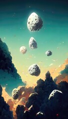 Asteroids shooting through space and stars, impact