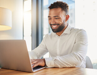 Happy business manager on laptop typing an email announcement for success or project management...
