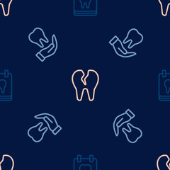 Set line Calendar with tooth, Tooth and Broken on seamless pattern. Vector