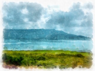 landscape of lakes and mountains watercolor style illustration impressionist painting.