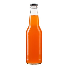 Bottle of soda. Glass bottle of cold orange drink. Non alcohol soft drink. Glass bottle without...