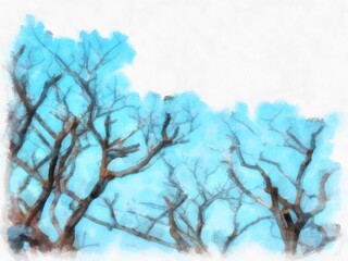 dead branches of trees watercolor style illustration impressionist painting.