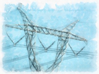 high voltage pole watercolor style illustration impressionist painting.